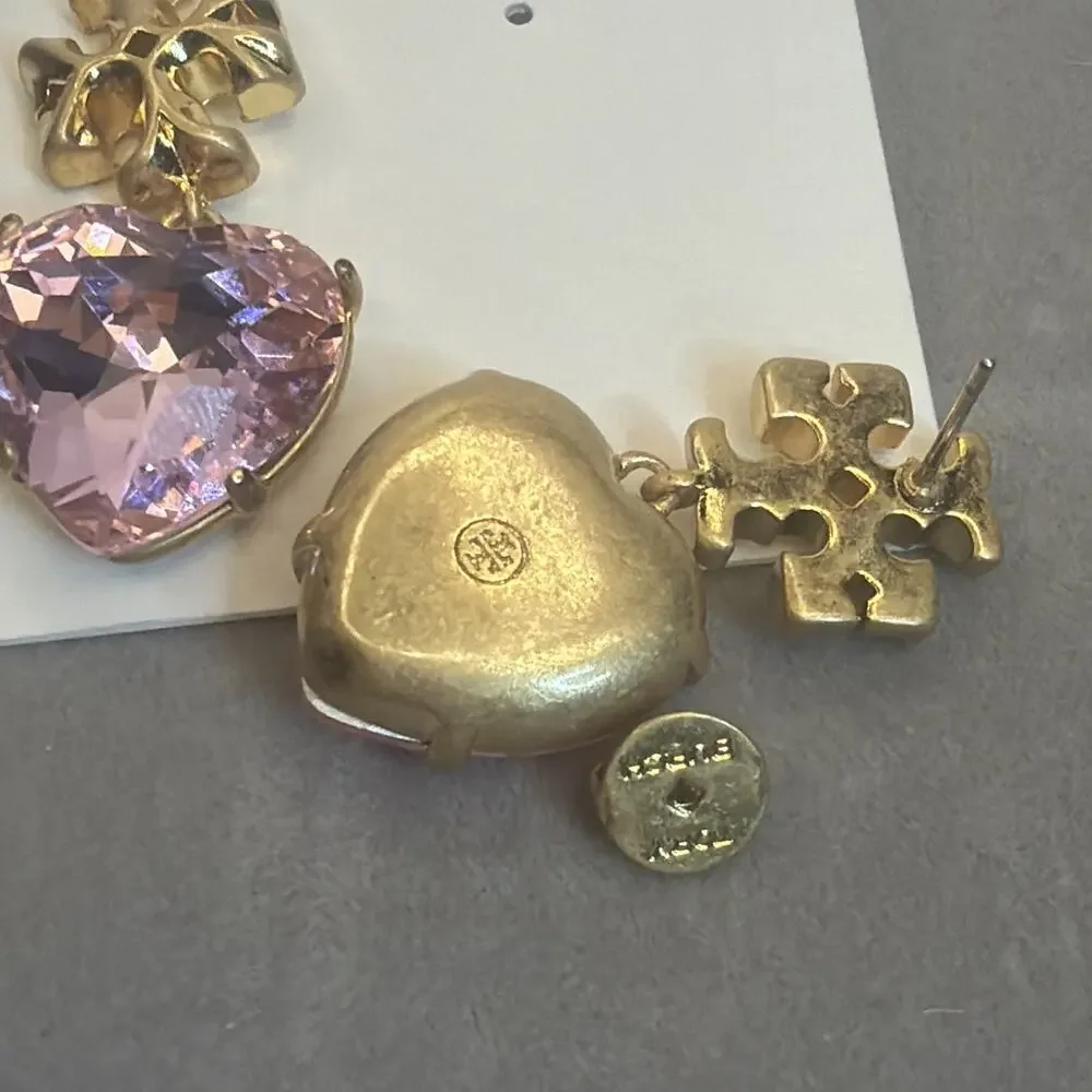 Tory Burch Kira Carved Heart Drop Earrings Gold & Pink New on Card Dust Pouch
